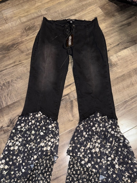 Current Mood Pants - Current Mood Dolls Kill NWT Lace-Up Denim Floral Ruffle Flare Pants Medium